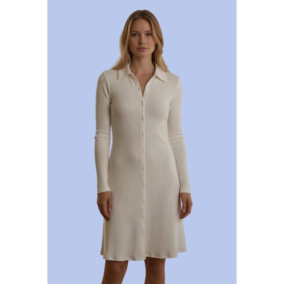 H&M Divided NWT Ribbed Front Buttons Collared Swing Dress Business Size L White - Picture 2 of 6